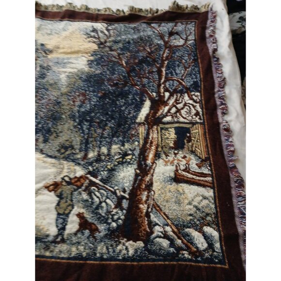 Crown Crafts Winter Scene Sleigh Ride Farm House Throw Blanket Tapestry Vintage - Picture 2 of 14